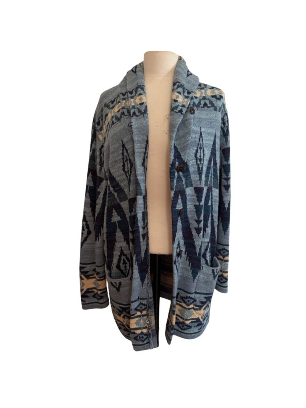 Polo Ralph Lauren Aztec Shawl Cardigan Sweater Women XL Blue Cotton Southwestern - Picture 2 of 14